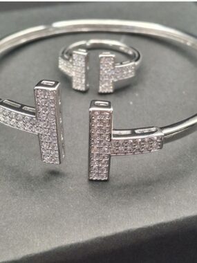 Sterling Silver Pavé T-Design Bracelet and Ring Set - Clear Crystal